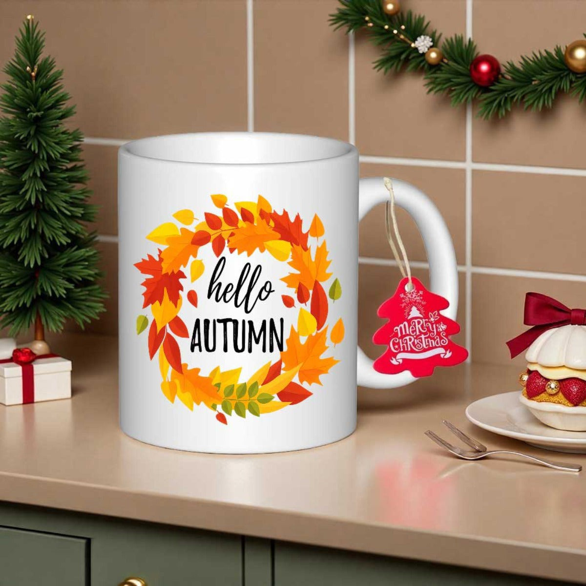 Tailorly White Ceramic 11 oz Mug - Hello Autumn Vibrant Colorful Falling Leaves Arranged In A Circular Seasonal Pattern Wreath