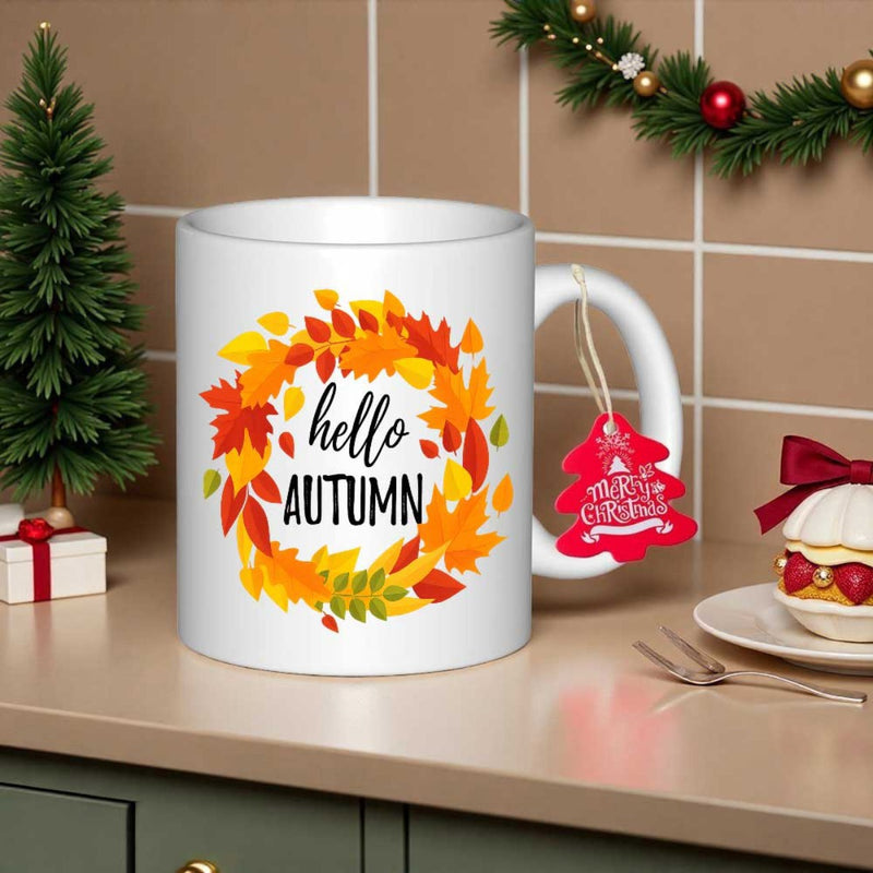 Tailorly White Ceramic 11 oz Mug - Hello Autumn Vibrant Colorful Falling Leaves Arranged In A Circular Seasonal Pattern Wreath