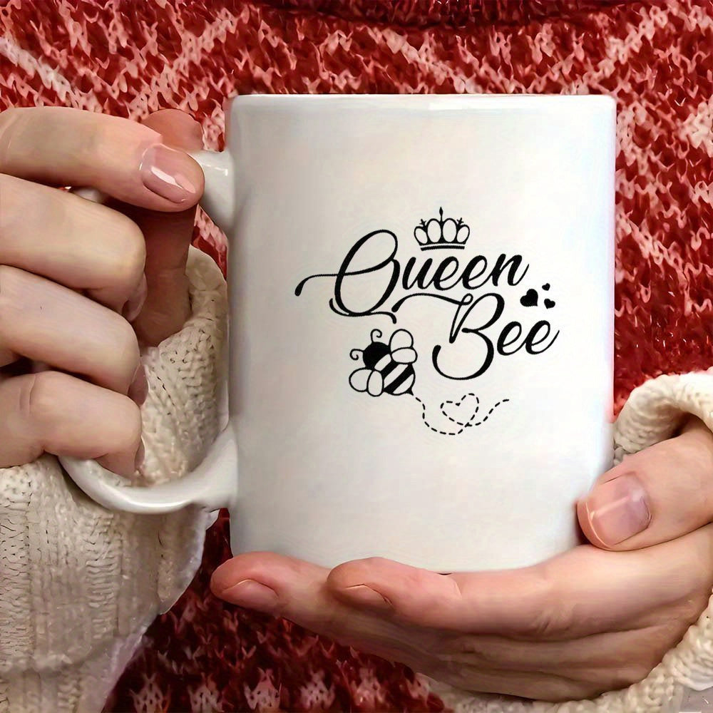 Tailorly White Ceramic 11 oz Mug - Queen Bee Cute Crowned Bumblebee Flying With Dotted Heart Trail And Small Hearts Bee