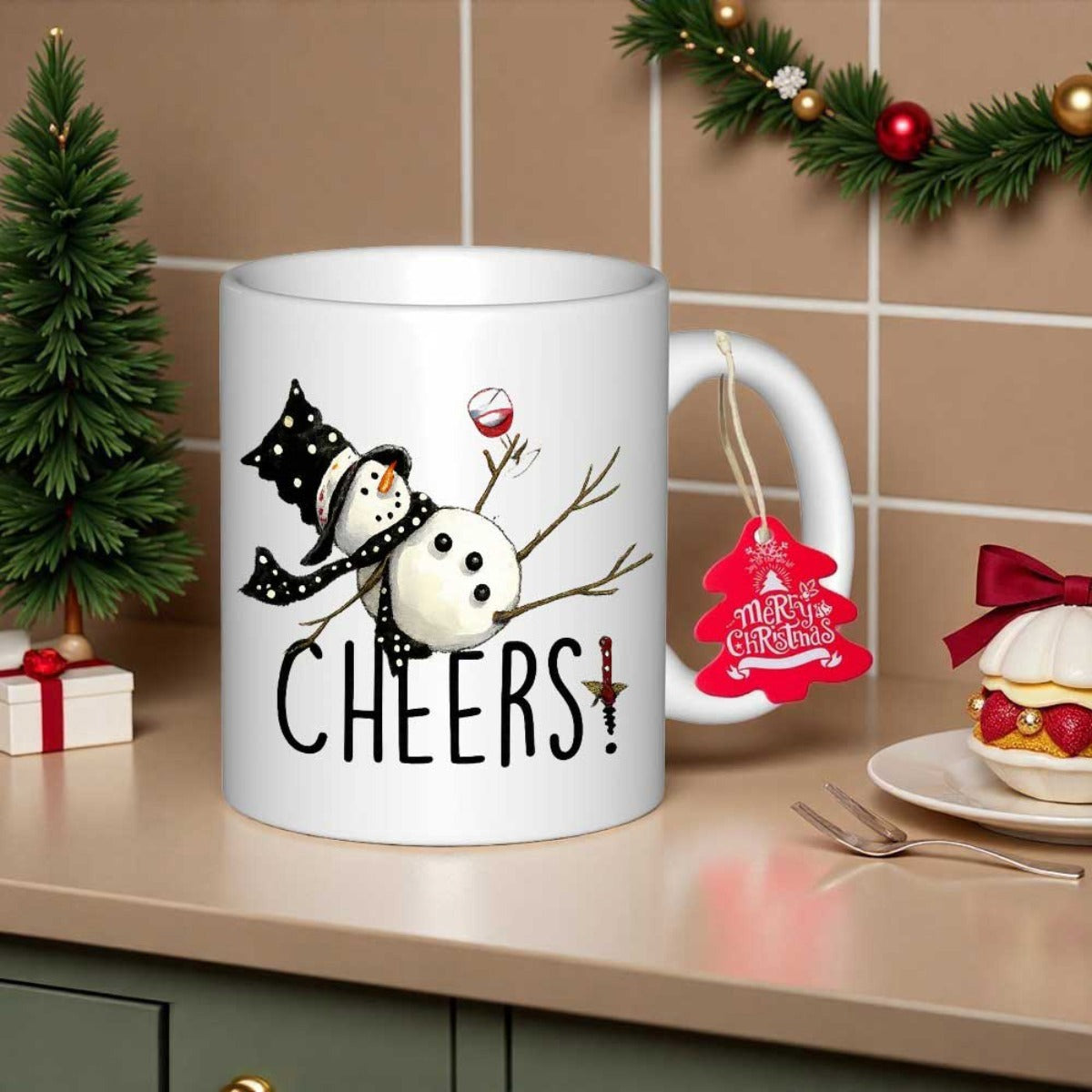 Tailorly White Ceramic 11 oz Mug - Cheers Festive Whimsical Character In Polka Dot Hat Holding Red Wine Glass Snowman