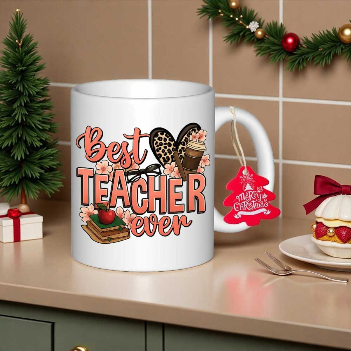 Tailorly White Ceramic 11 oz Mug - Best Teacher Ever Leopard Heart With Coffee And Books Surrounded By Pink Flowers Mug