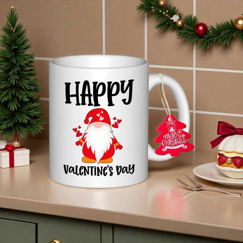 Tailorly White Ceramic 11 oz Mug - Happy Valentines Day Festive Red Hat With White Hearts Sitting Scandinavian Gnome