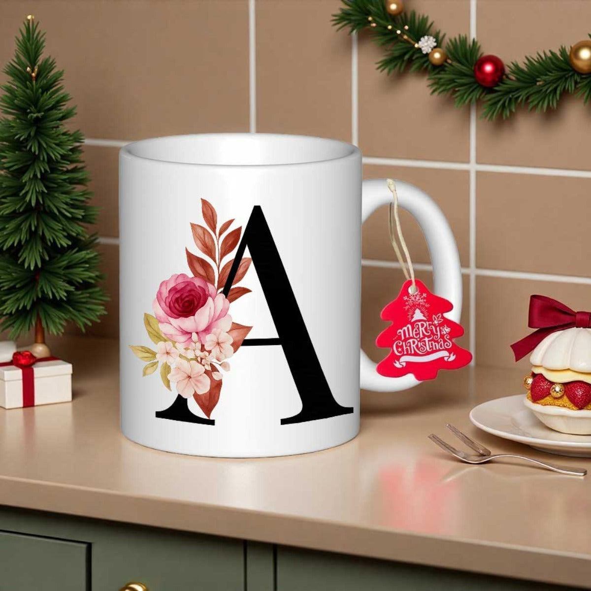 Tailorly White Ceramic 11 oz Mug - A Merry Christmas Elegant Floral Monogram With Pink Roses And Autumn Brown Leaves Letter A