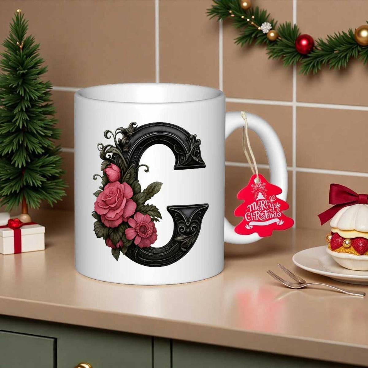 Tailorly White Ceramic 11 oz Mug - Elegant Black Ornate Monogram Embellished With Delicate Pink Floral Rose Blossoms Letter C