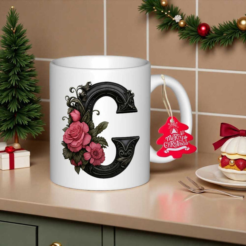Tailorly White Ceramic 11 oz Mug - Elegant Black Ornate Monogram Embellished With Delicate Pink Floral Rose Blossoms Letter C