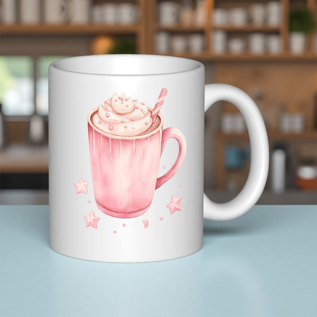 Tailorly White Ceramic 11 oz Mug - Sweet Pink Watercolor Drink With Whipped Cream And Small Stars Cup