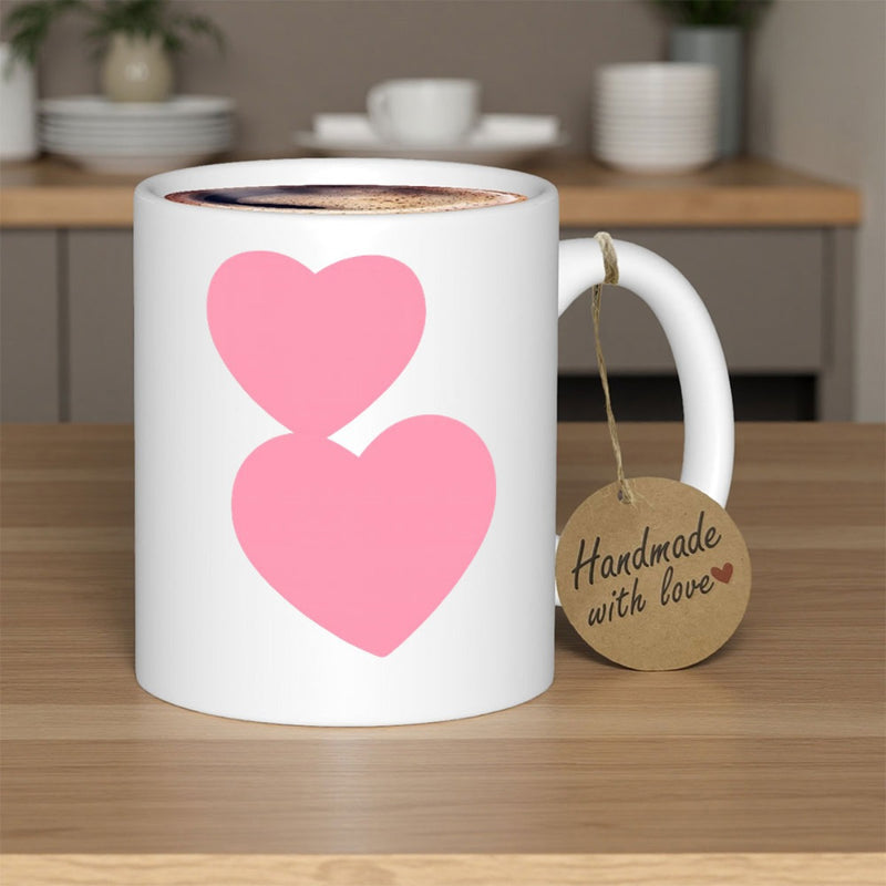 Tailorly White Ceramic 11 oz Mug - Two Charming Pink Hearts Floating In Minimalist Artistic Romantic Layout Heart