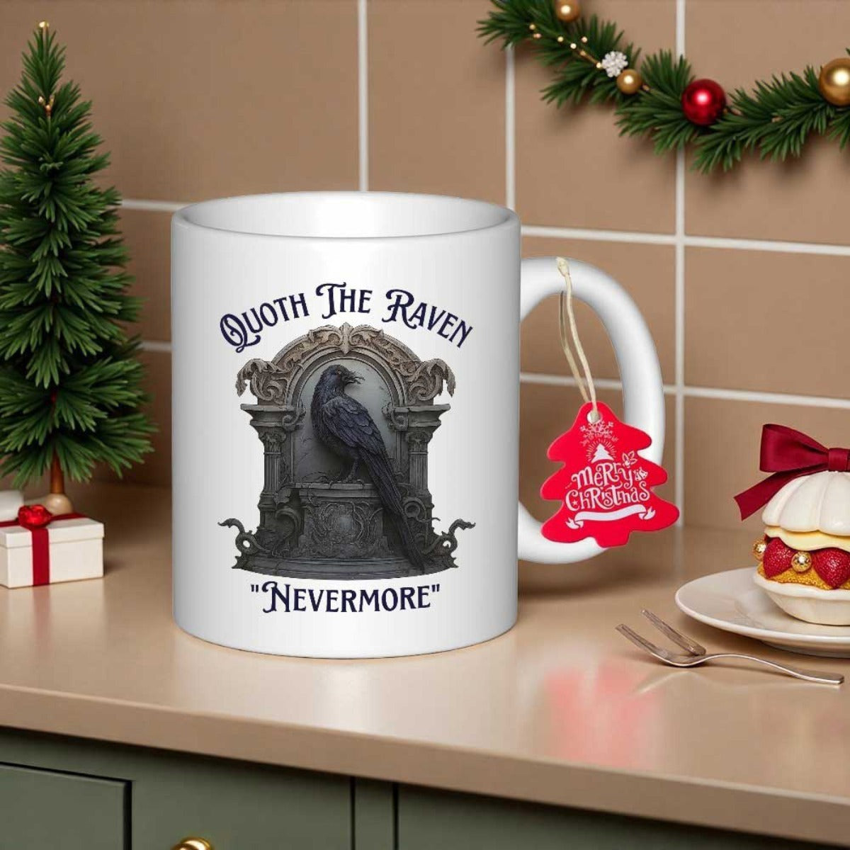 Tailorly White Ceramic 11 oz Mug - Quoth The Raven Nevermore Majestic Black Bird Perched Upon Intricate Gothic Stone Archway Raven
