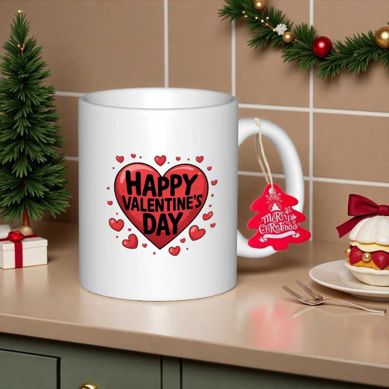 Tailorly White Ceramic 11 oz Mug - Happy Valentine's Day Vibrant Red Heart Surrounded By Many Floating Small Hearts Heart