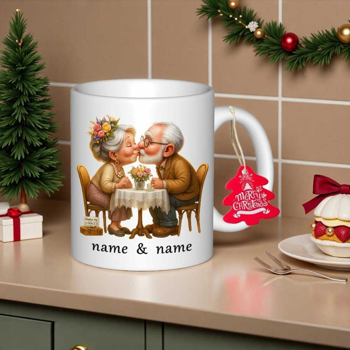 Tailorly White Ceramic 11 oz Mug - Name Name Loving Elderly Couple Kissing At Dinner Table With Romantic Festive Atmosphere Couple