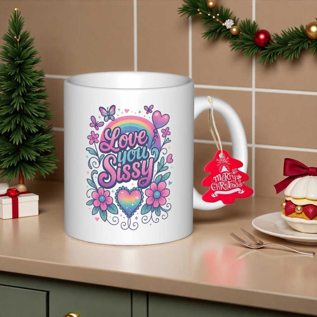 Tailorly White Ceramic 11 oz Mug - Love You Sissy Pastel Butterflies Fluttering Around Flowers With A Vibrant Shimmering Heart Rainbow