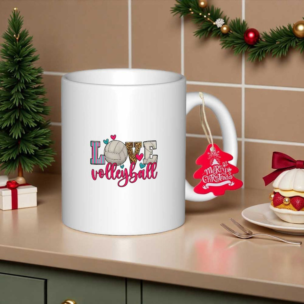 Tailorly White Ceramic 11 oz Mug - Love Volleyball Stylish Pink Script Text With Artistic Patterned Letters And Tiny Hearts Volleyball