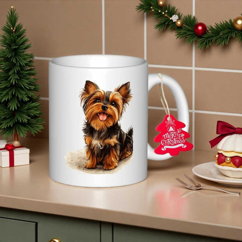 Tailorly White Ceramic 11 oz Mug - Merry Christmas Adorable Long Haired Puppy Sitting Happily Within A Festive Holiday Scene Dog