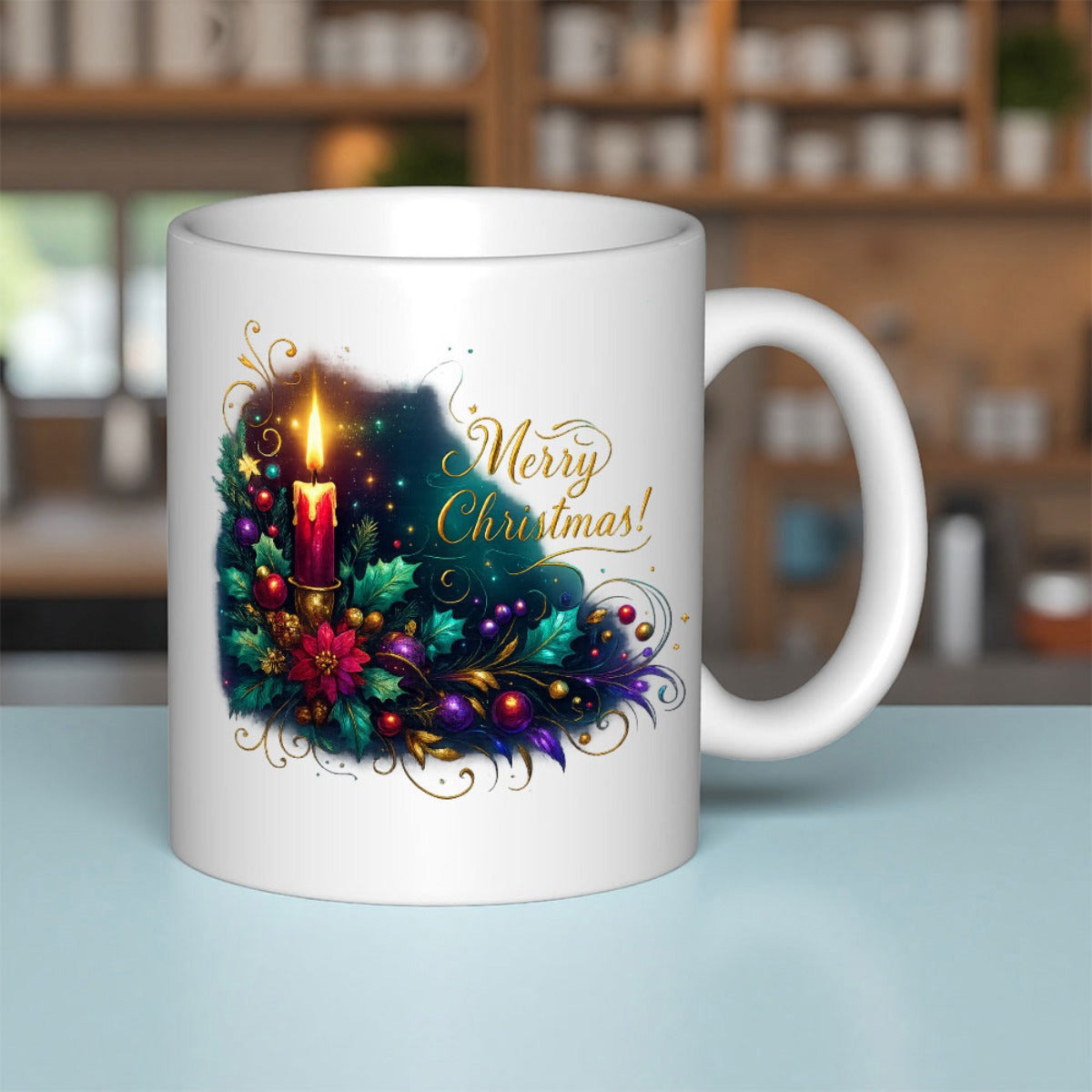 Tailorly White Ceramic 11 oz Mug - Merry Christmas Glowing Flame Among Festive Holly Leaves And Golden Swirls Candle
