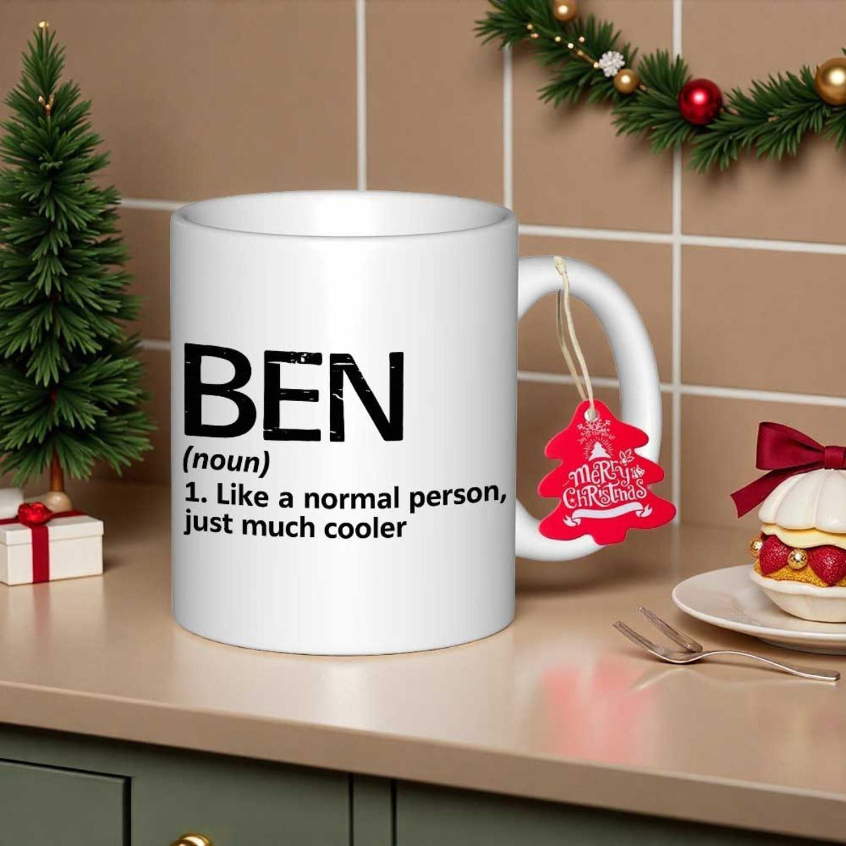 Tailorly White Ceramic 11 oz Mug - Ben Like A Normal Person Just Much Cooler Minimalist White Ceramic Body With Bold Black Dictionary Typography Mug