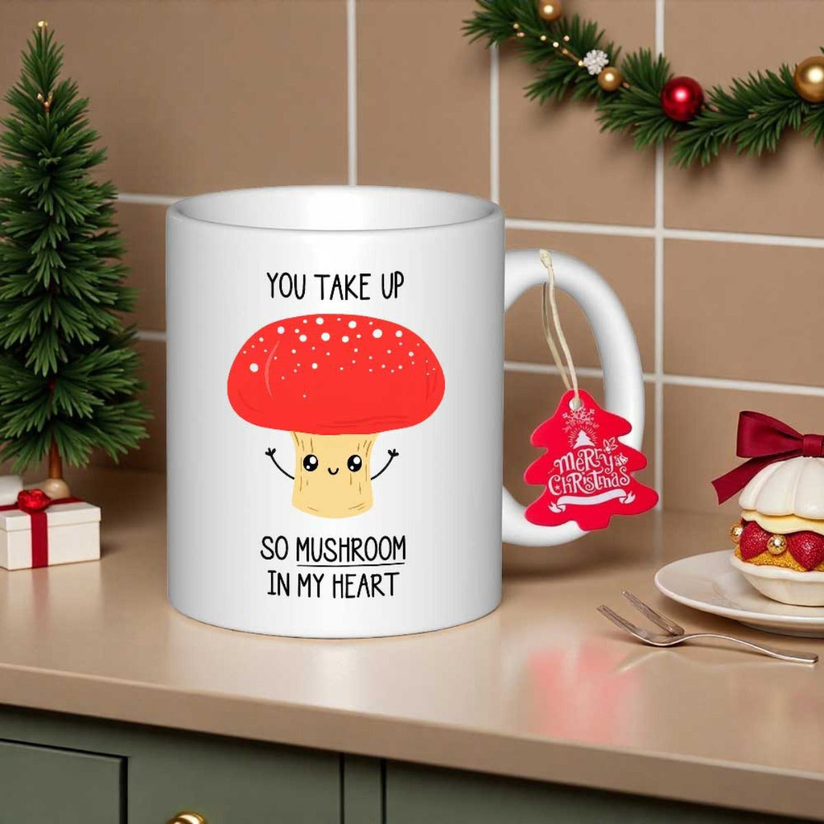 Tailorly White Ceramic 11 oz Mug - You Take Up So Mushroom In My Heart Adorable Smiling Red Cap Fungi With Tiny Happy Arms Mushroom