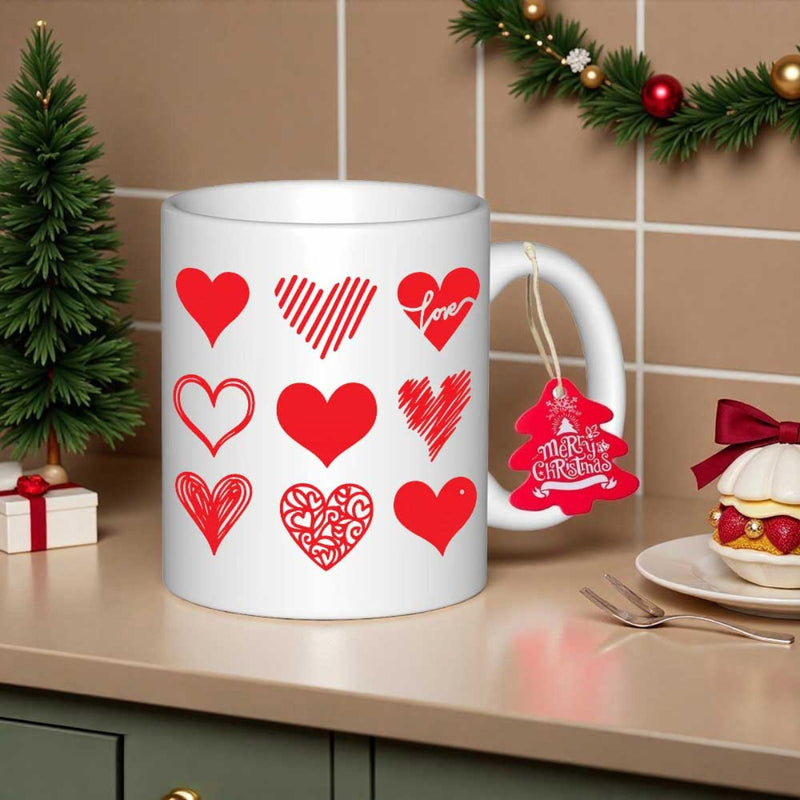 Tailorly White Ceramic 11 oz Mug - Love Collection Of Various Red Romantic Hearts In A Grid Heart