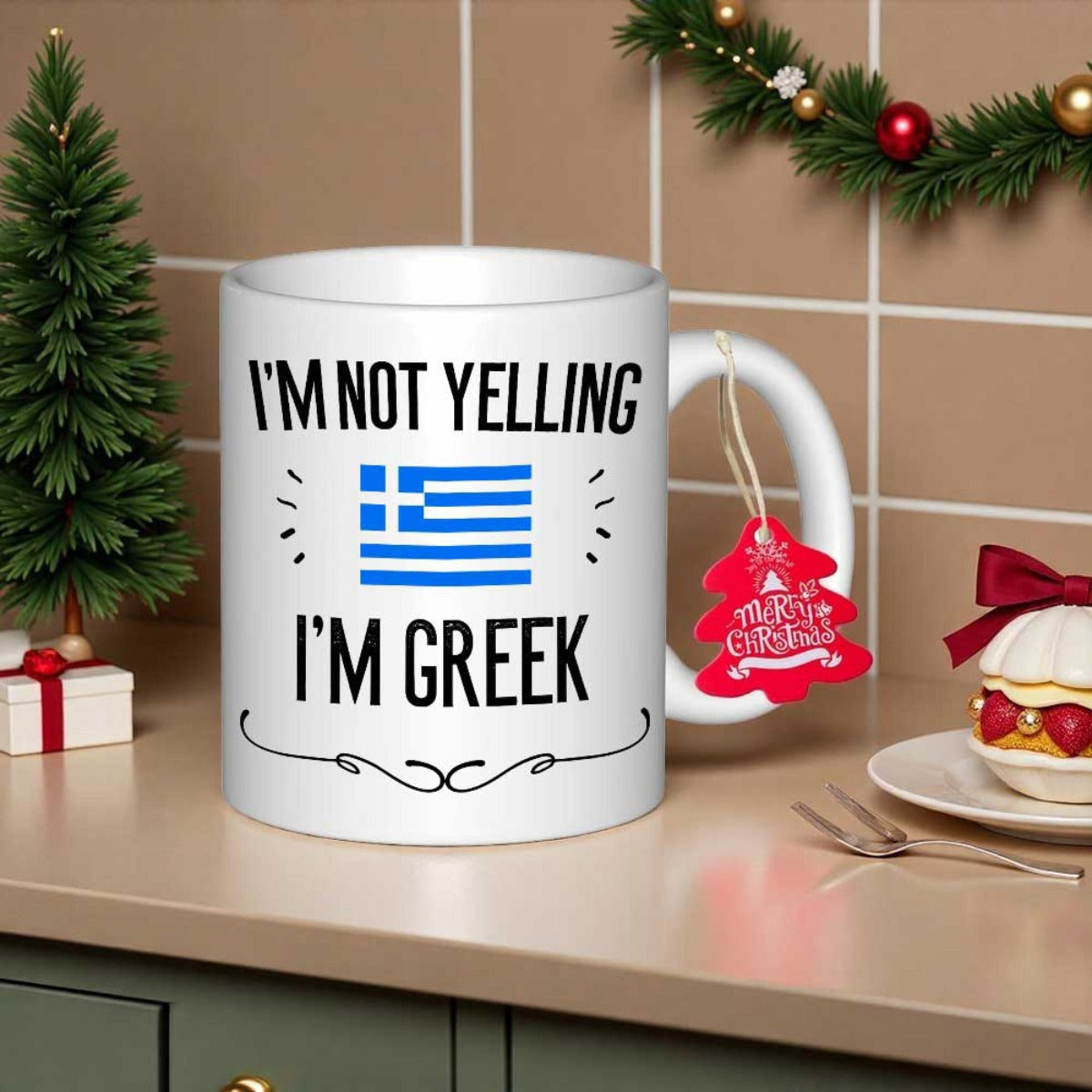 Tailorly White Ceramic 11 oz Mug - Im Not Yelling Im Greek Vibrant Blue And White National Stripes With Bold Decorative Cultural Greek Flag