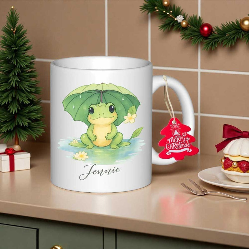 Tailorly White Ceramic 11 oz Mug - Jennie Cute Little Green Frog Holding Large Leaf Over Its Head In Pond Frog