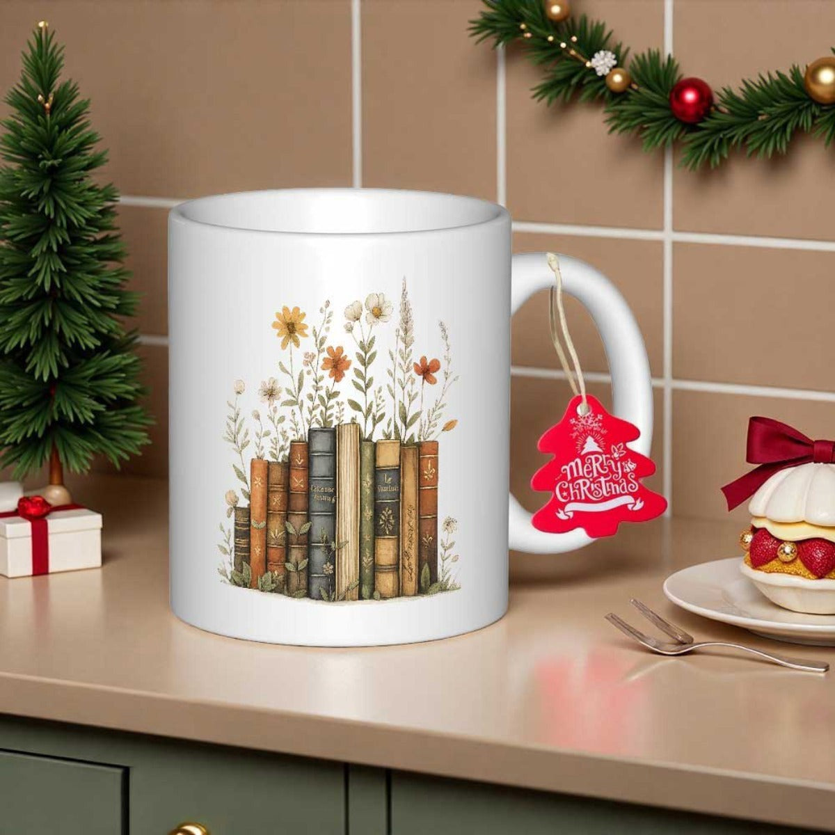 Tailorly White Ceramic 11 oz Mug - Merry Christmas Vintage Stacked Old Books With Delicate Colorful Wildflowers Growing Books