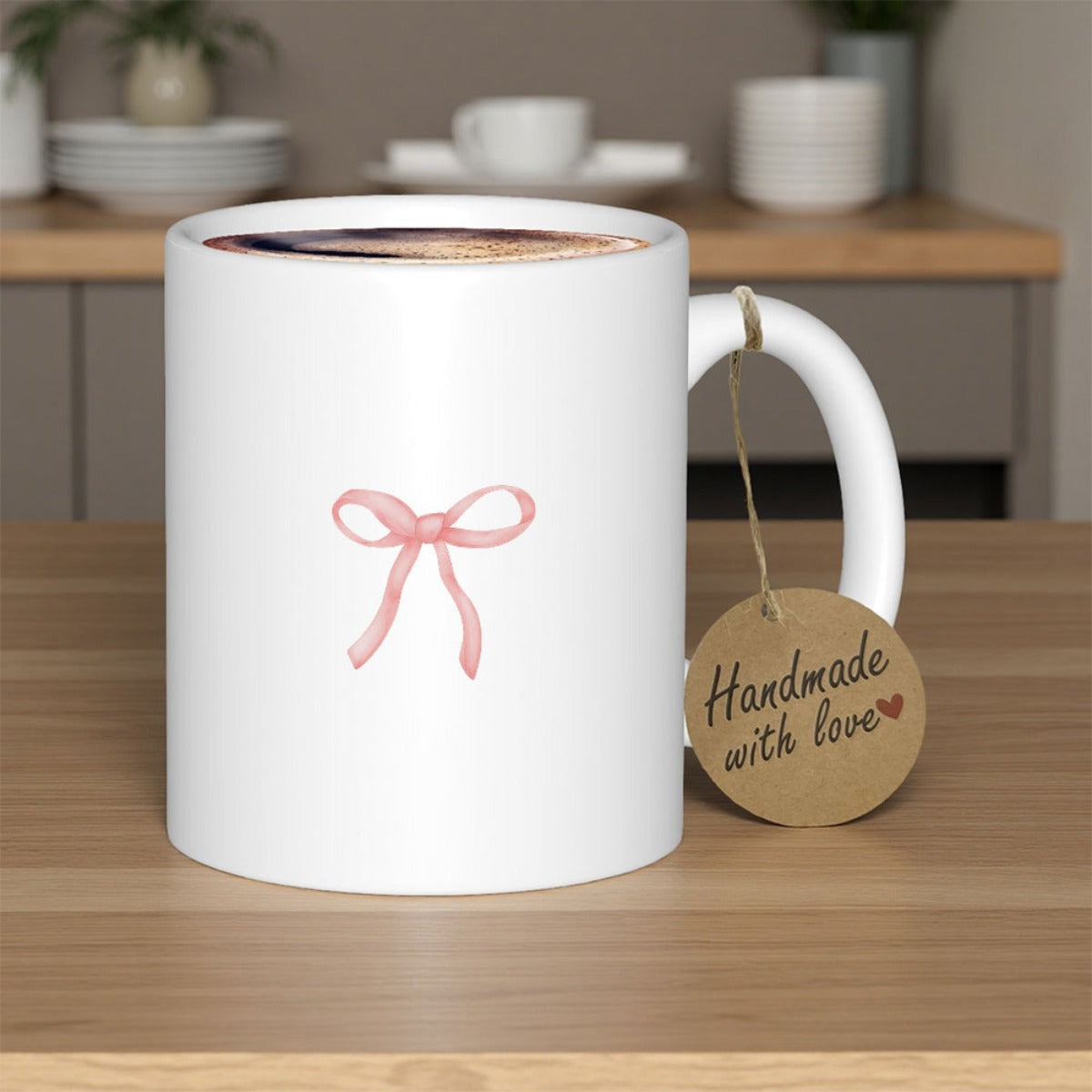 Tailorly White Ceramic 11 oz Mug - Delicate Pink Ribbon Tied Into A Simple Elegant Gentle Silk Bow Ribbon