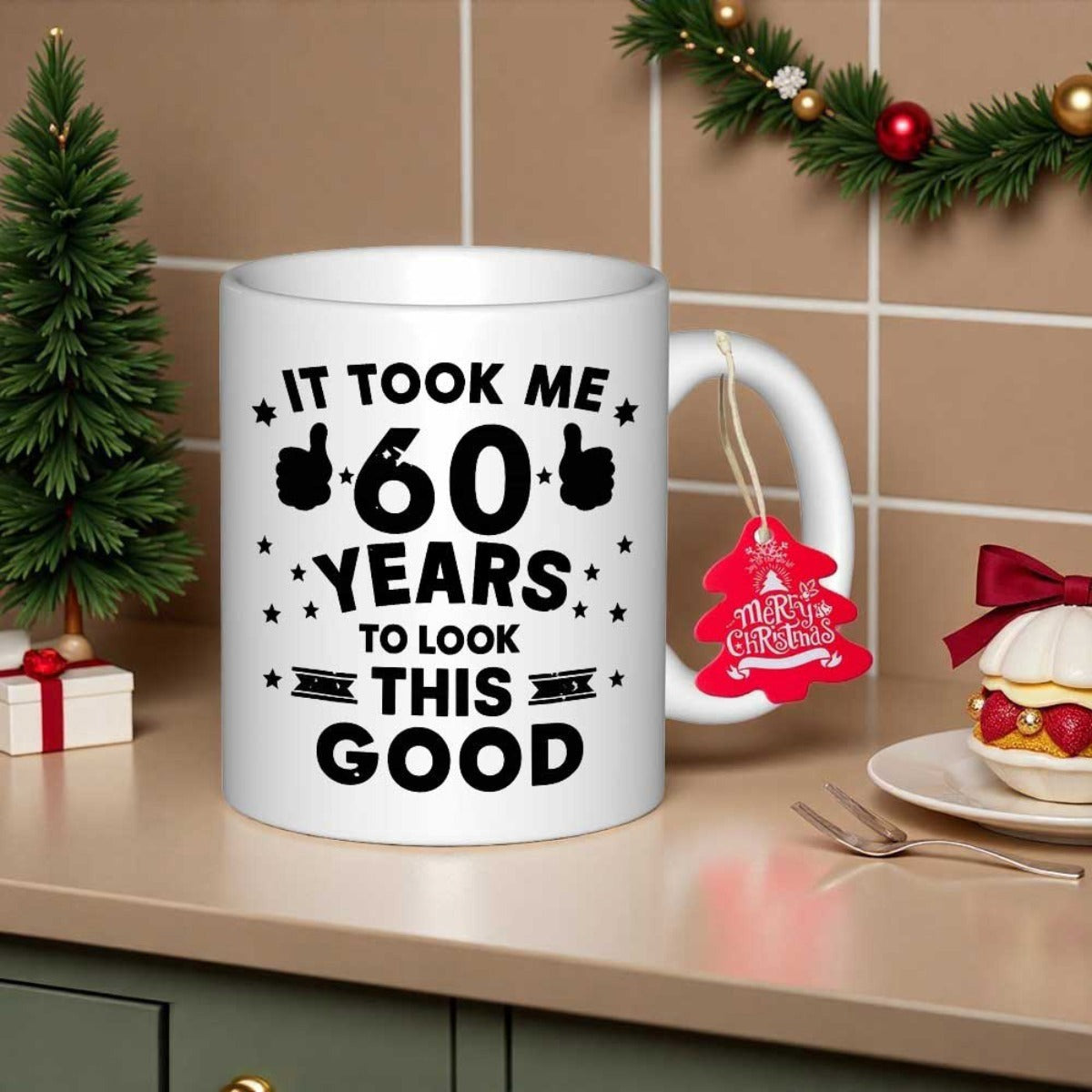 Tailorly White Ceramic 11 oz Mug - It Took Me 60 Years To Look This Good Minimalist Black Typographic Print Decorated With Stars And Thumbs Up Mug