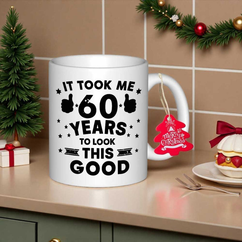 Tailorly White Ceramic 11 oz Mug - It Took Me 60 Years To Look This Good Minimalist Black Typographic Print Decorated With Stars And Thumbs Up Mug