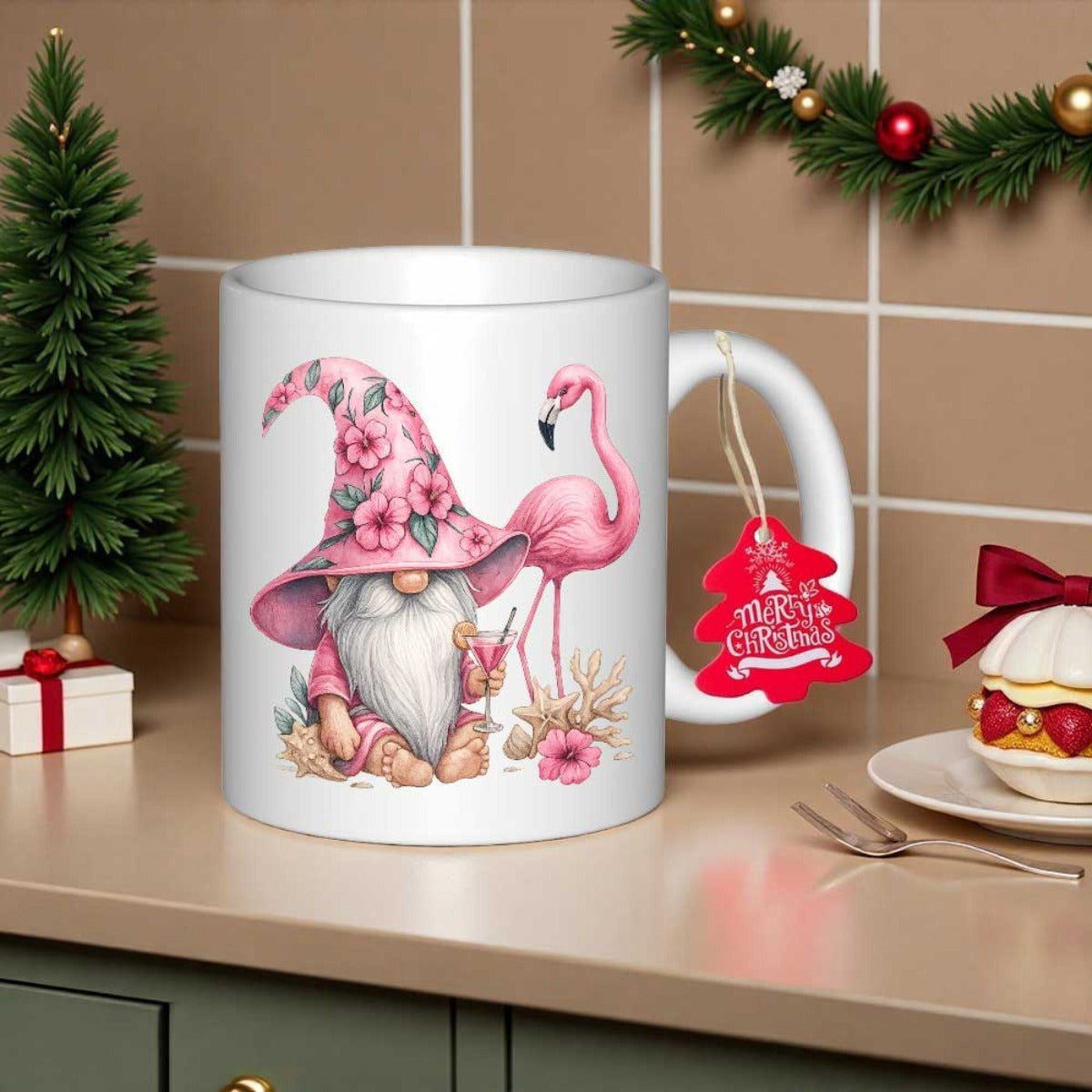 Tailorly White Ceramic 11 oz Mug - Pink Garden Gnome Wearing Floral Hat Sitting Beside Graceful Tropical Flamingo