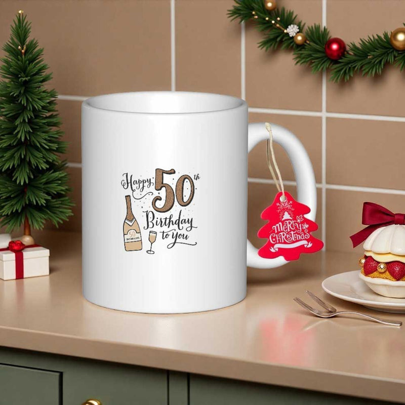 Tailorly White Ceramic 11 oz Mug - Happy 50th Birthday To You Festive Illustration Featuring Champagne Bottle And Glass Among Bubbles Mug