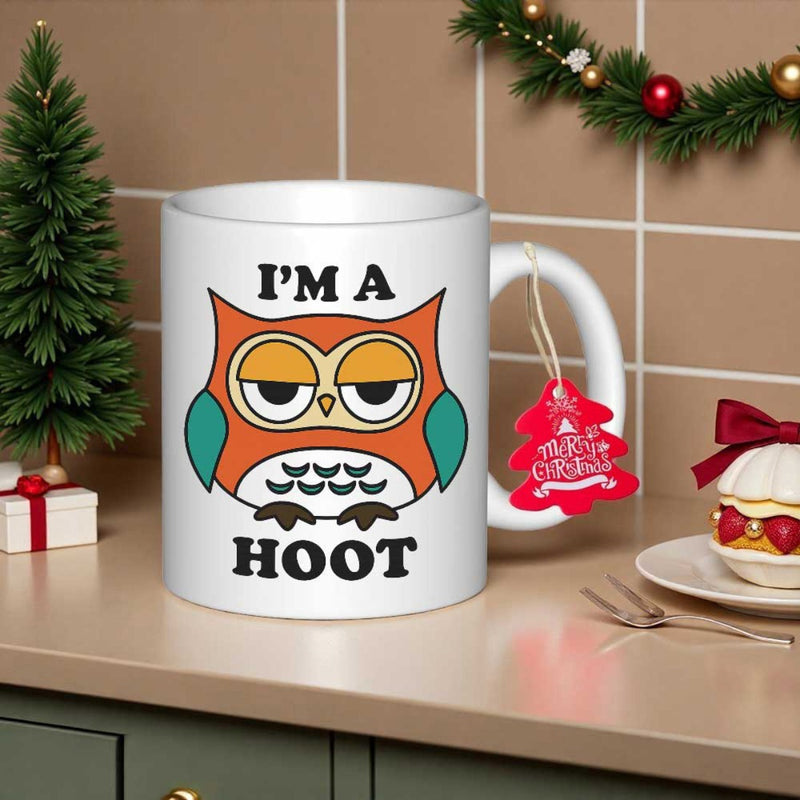 Tailorly White Ceramic 11 oz Mug - Im A Hoot Stylized Orange Cartoon Bird With Grumpy Eyes And Teal Wings Owl