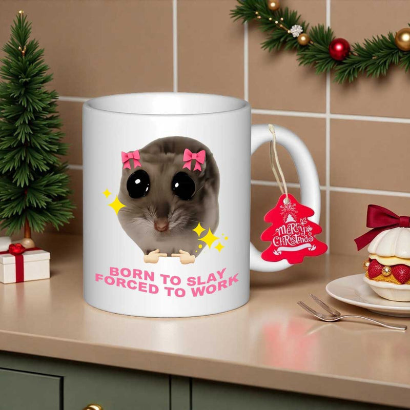 Tailorly White Ceramic 11 oz Mug - Born To Slay Forced To Work Cute Little Animal Wearing Pink Bows And Sparkling Yellow Stars Possum