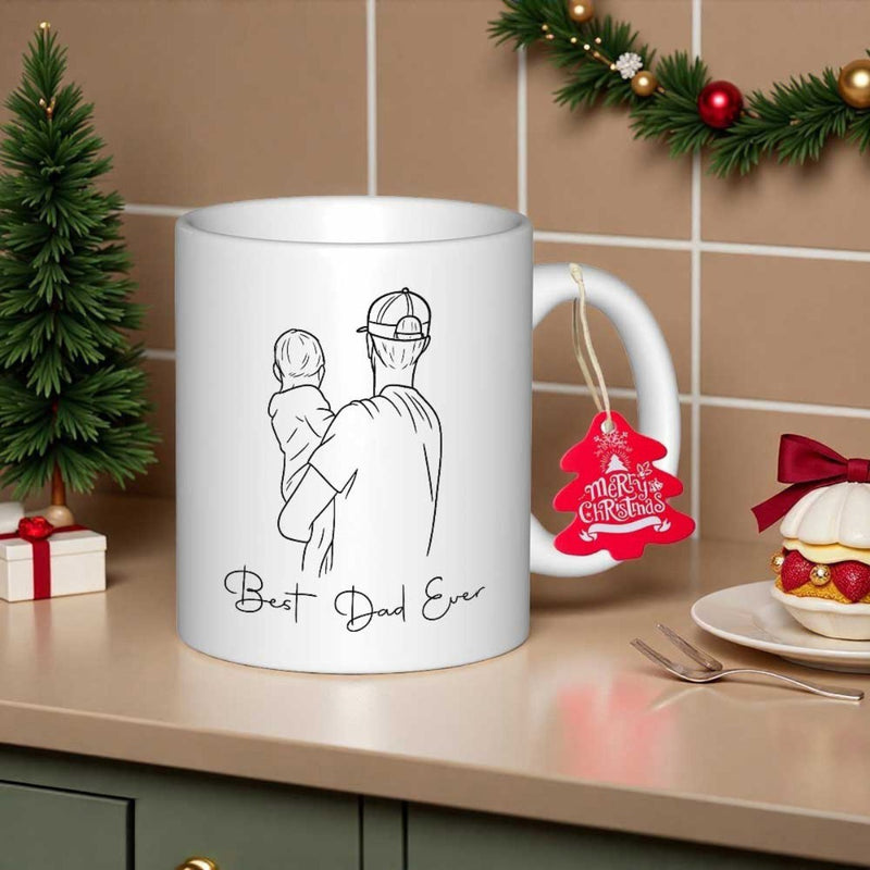 Tailorly White Ceramic 11 oz Mug - Best Dad Ever Minimalist Line Art Sketch Of A Father Holding His Small Child Dad