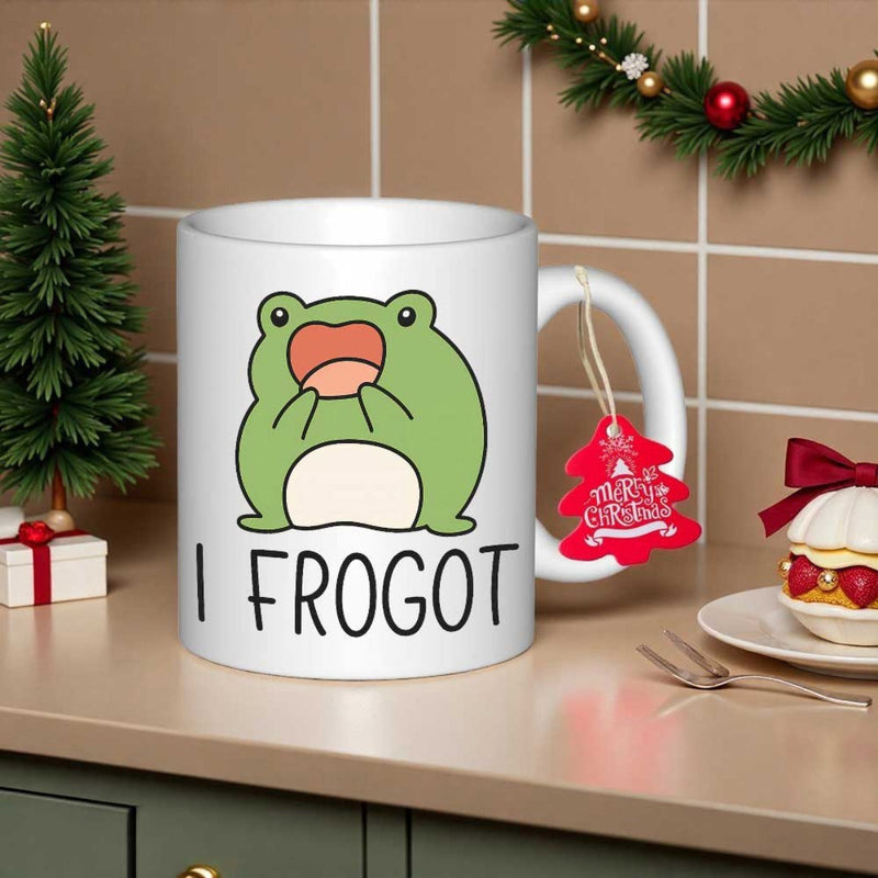 Tailorly White Ceramic 11 oz Mug - I Frogot Adorable Chubby Green Animal With Surprise Expression And Open Mouth Frog