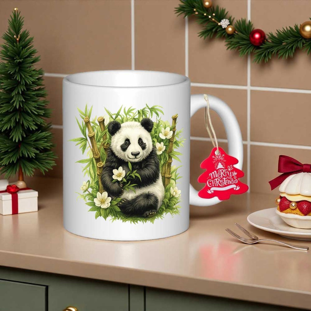 Tailorly White Ceramic 11 oz Mug - Adorable Sitting Giant Bear Among Green Bamboo And Delicate White Flowers Panda