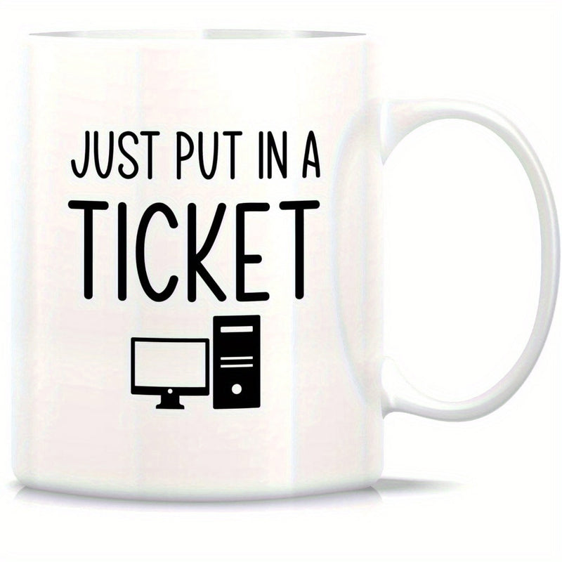 Tailorly White Ceramic 11 oz Mug - Just Put In A Ticket Minimalist Desktop Icons Featuring A Black Monitor And Tower Case Computer