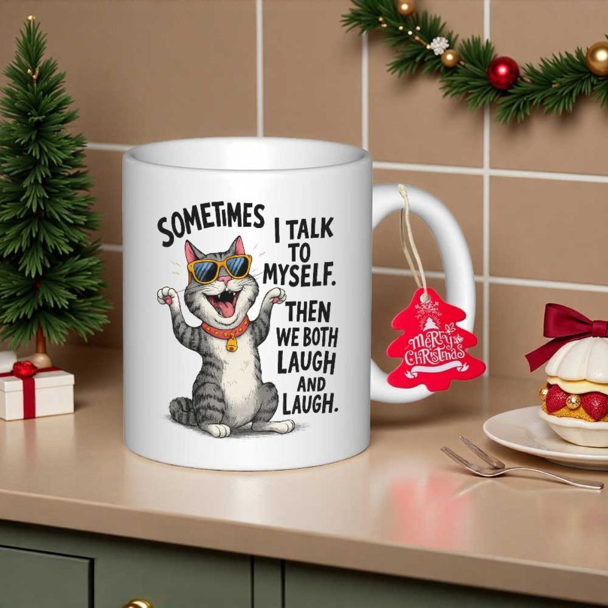 Tailorly White Ceramic 11 oz Mug - Sometimes I Talk To Myself Then We Both Laugh And Laugh Joyful Smiling Grey Tabby Cat Wearing Cool Sunglasses Cat