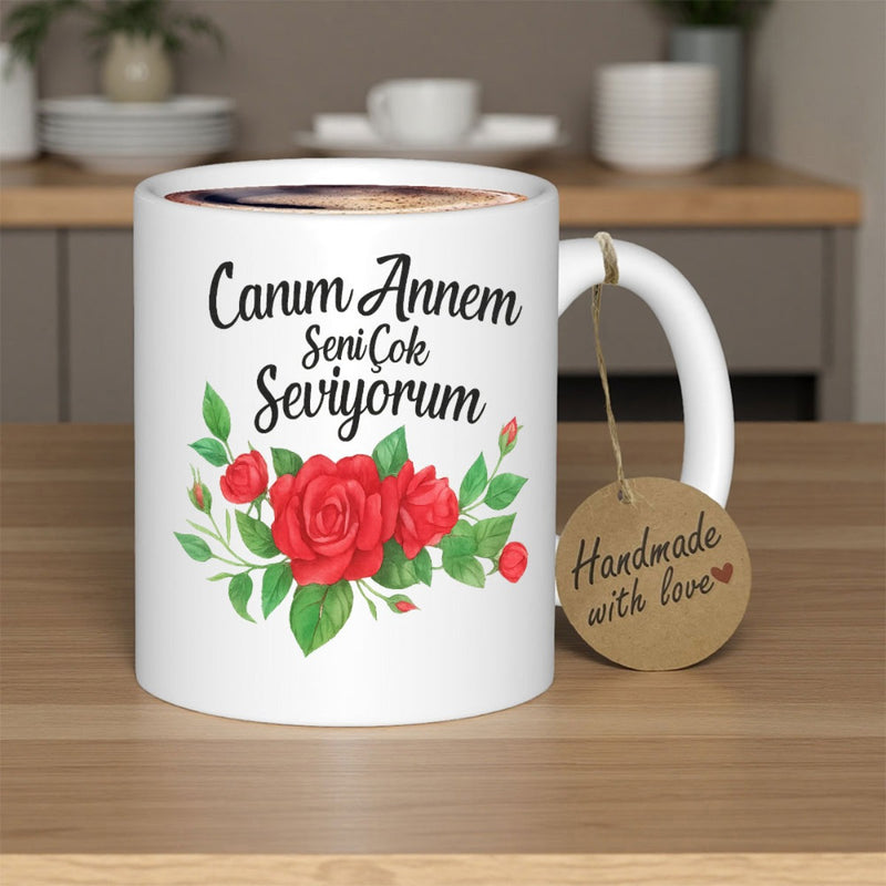 Tailorly White Ceramic 11 oz Mug - Handmade With Love Vibrant Red Blooming Roses Surrounded By Green Leaves Rose