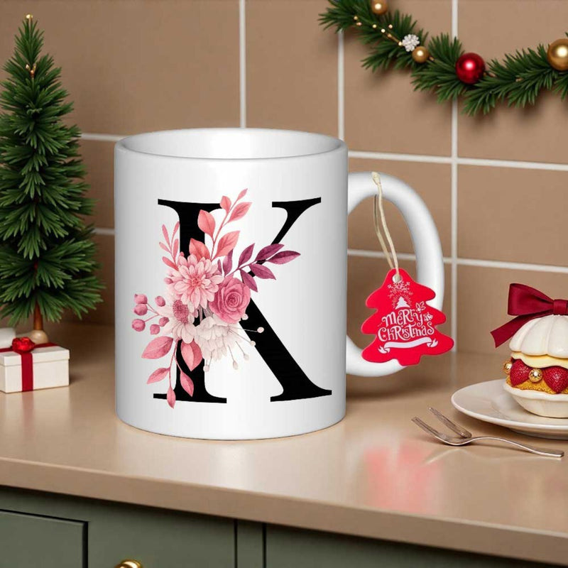 Tailorly White Ceramic 11 oz Mug - K Floral Design With Elegant Pink Roses And Soft Pastel Leaves Decorative Letter