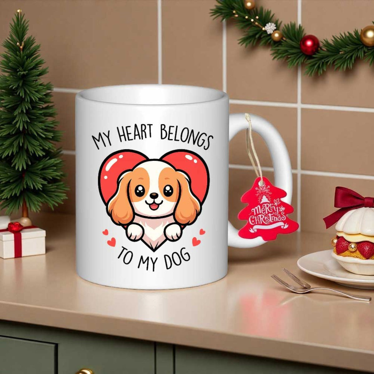 Tailorly White Ceramic 11 oz Mug - My Heart Belongs To My Dog Adorable Cartoon Puppy Peeking From A Bright Red Heart Shaped Frame Dog