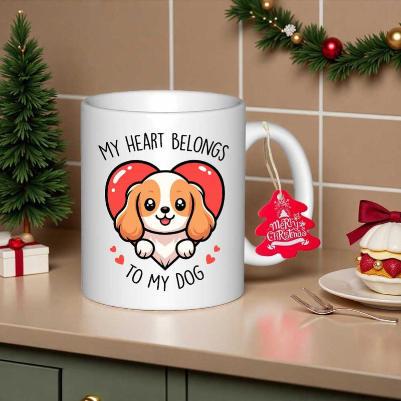 Tailorly White Ceramic 11 oz Mug - My Heart Belongs To My Dog Adorable Cartoon Puppy Peeking From A Bright Red Heart Shaped Frame Dog