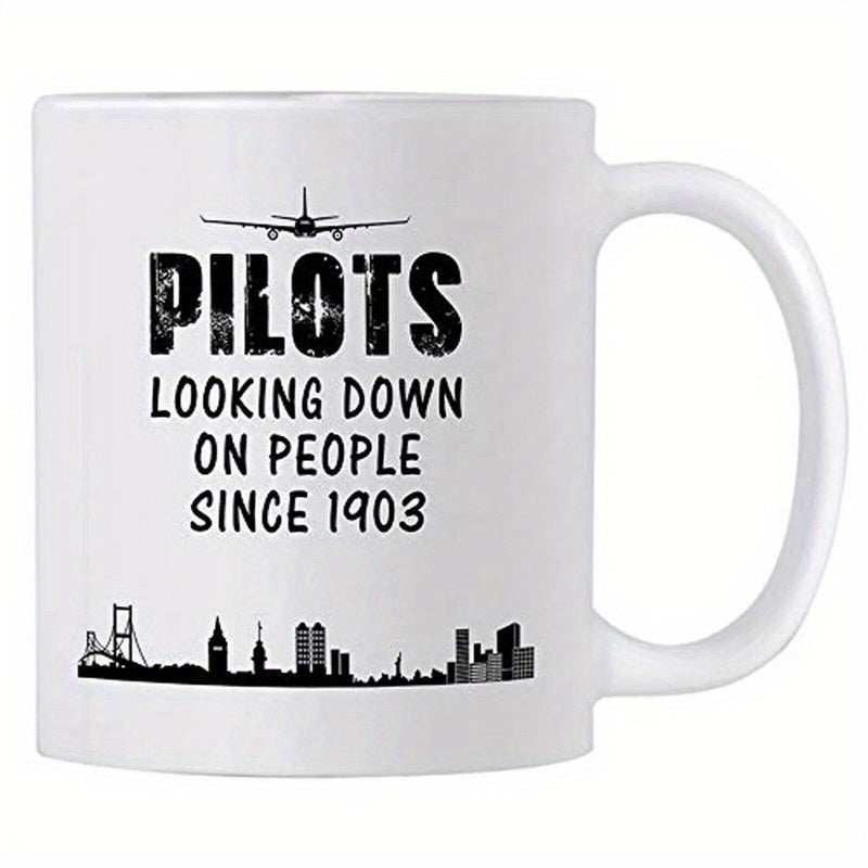 Tailorly White Ceramic 11 oz Mug - Pilots Looking Down On People Since 1903 Sleek Commercial Aircraft Flying Over A Minimalist Detailed Urban City Skyline Airplane
