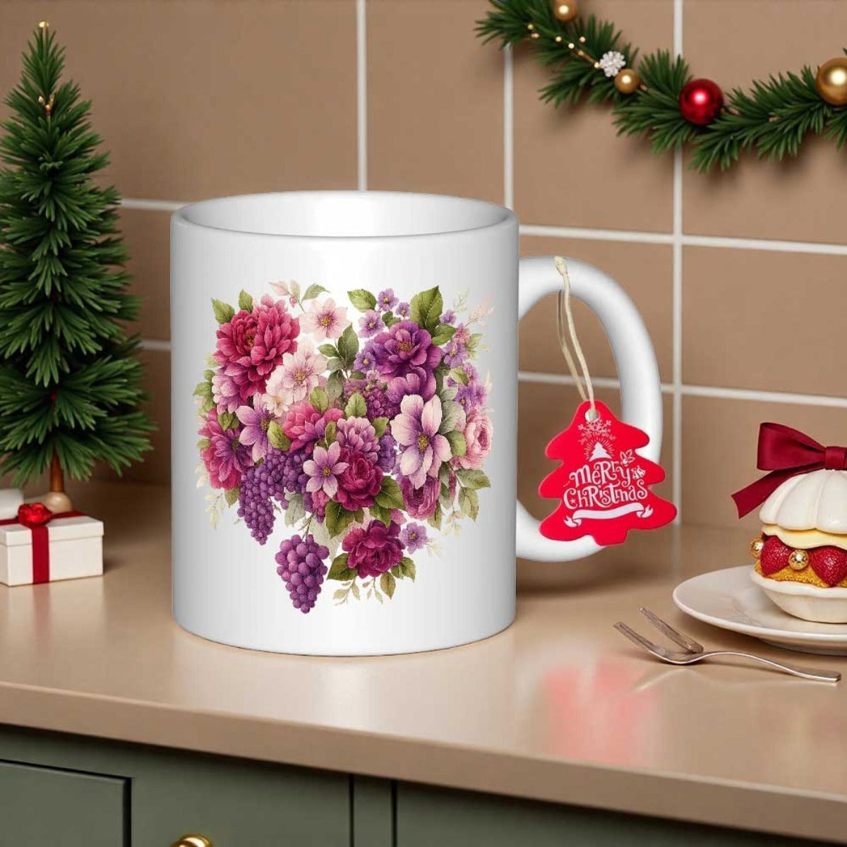 Tailorly White Ceramic 11 oz Mug - Heart Shaped Arrangement With Vibrant Pink And Purple Blooming Petals Botanical Bouquet