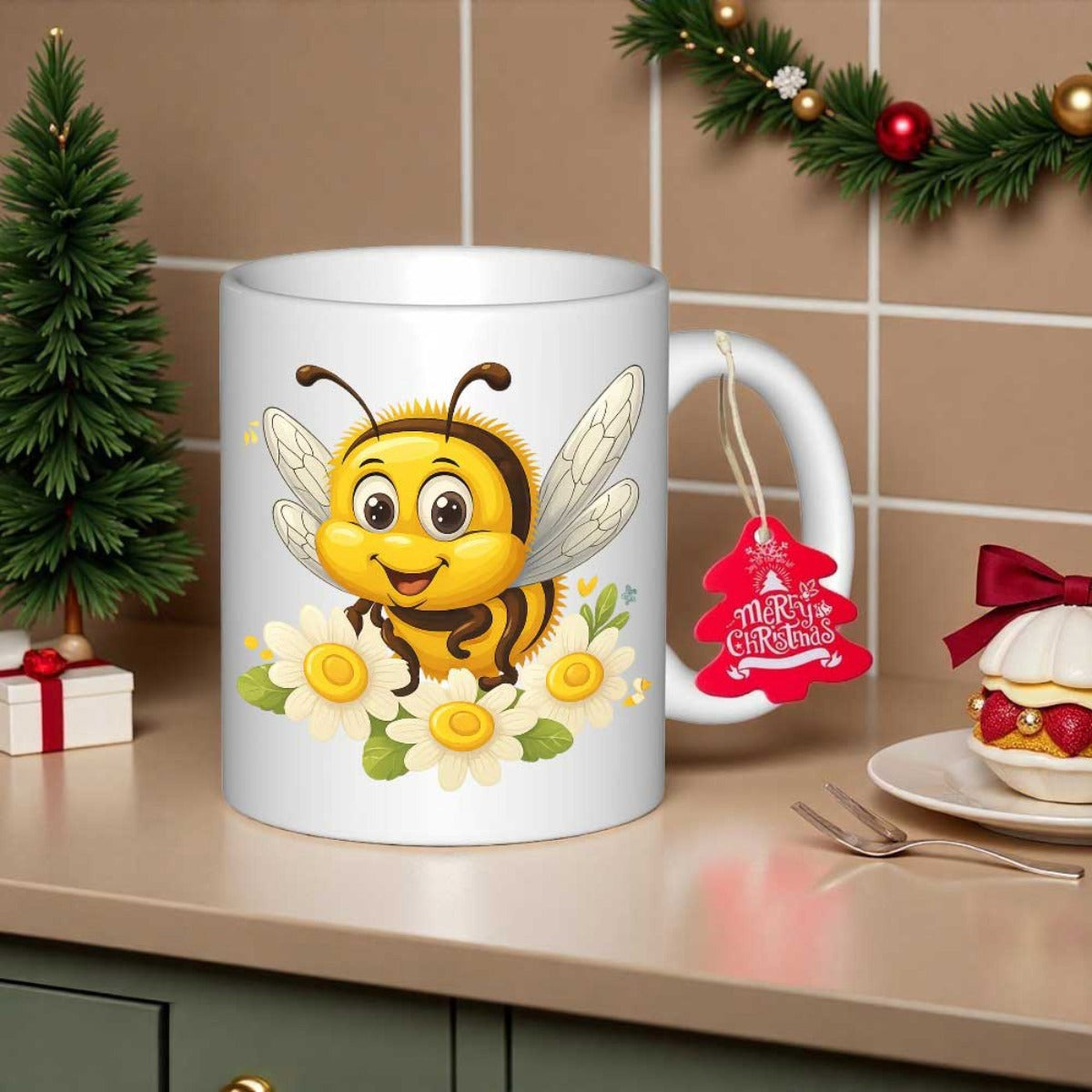 Tailorly White Ceramic 11 oz Mug - Merry Christmas Smiling Cute Yellow Bee Hovering Above Soft White Blooming Daisy Flowers Bee