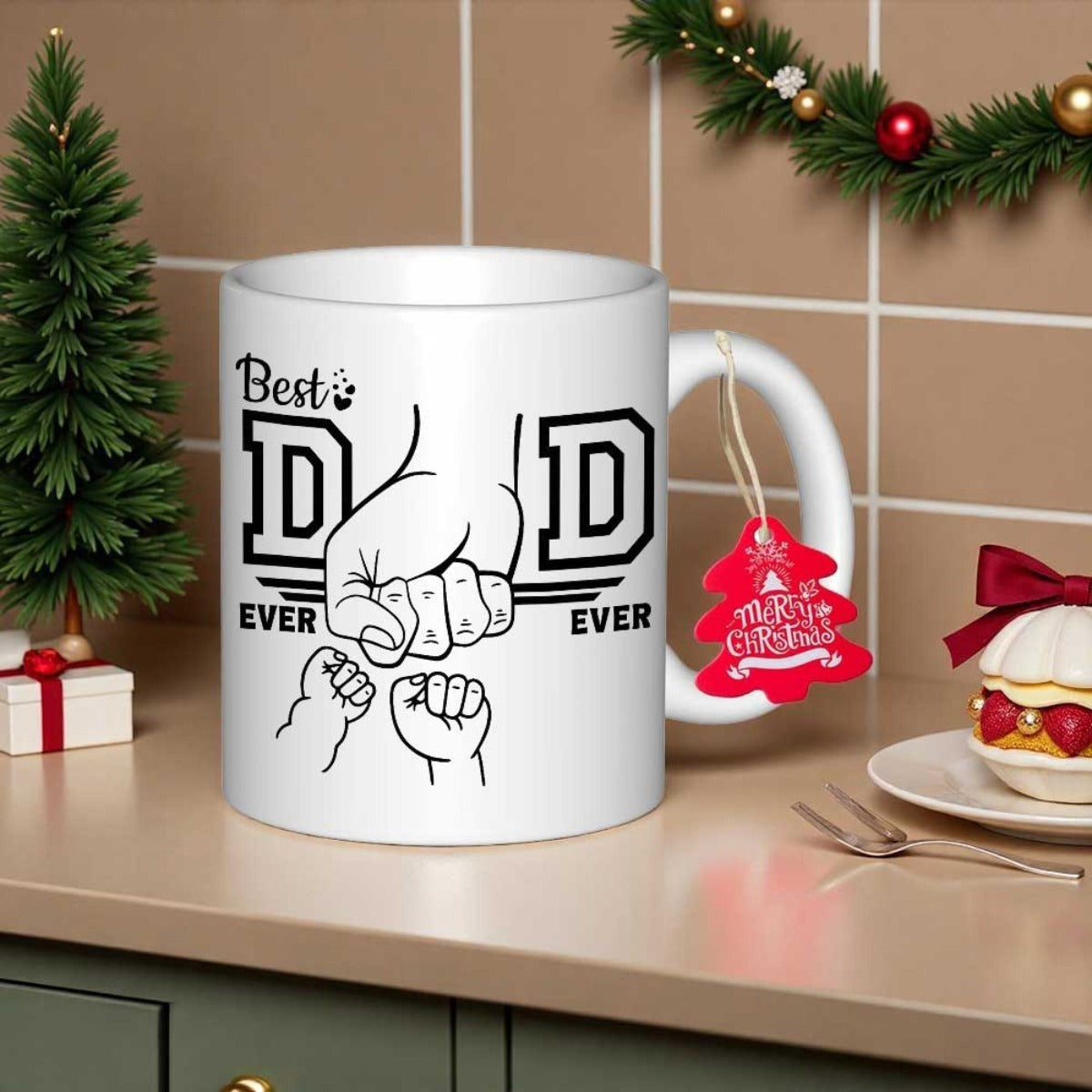 Tailorly White Ceramic 11 oz Mug - Best Dad Ever Large Adult Hand Fist Bumping Two Small Infant Fists Fist