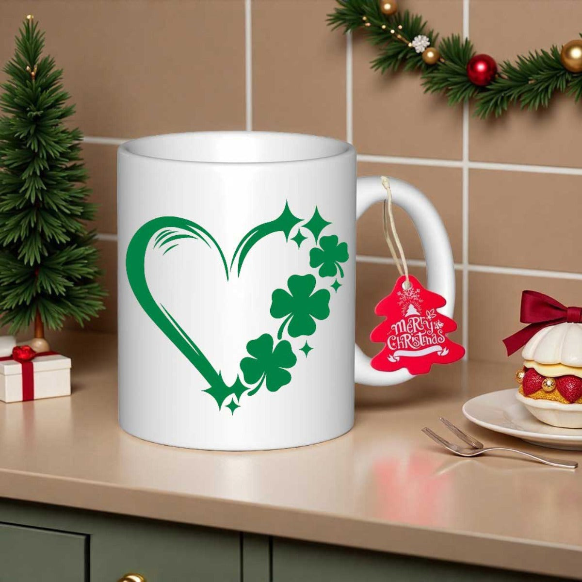 Tailorly White Ceramic 11 oz Mug - Vibrant Green Heart Shape Formed By Delicate Four Leaf Clovers Shamrock