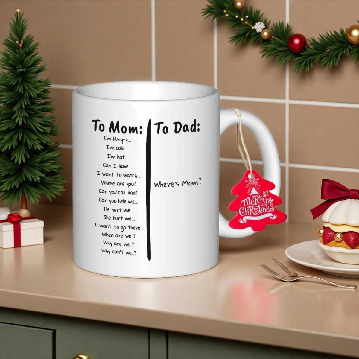 Tailorly White Ceramic 11 oz Mug - To Mom To Dad Wheres Mom Minimalist Black Text On A Clean White Cylindrical Ceramic Surface Mug