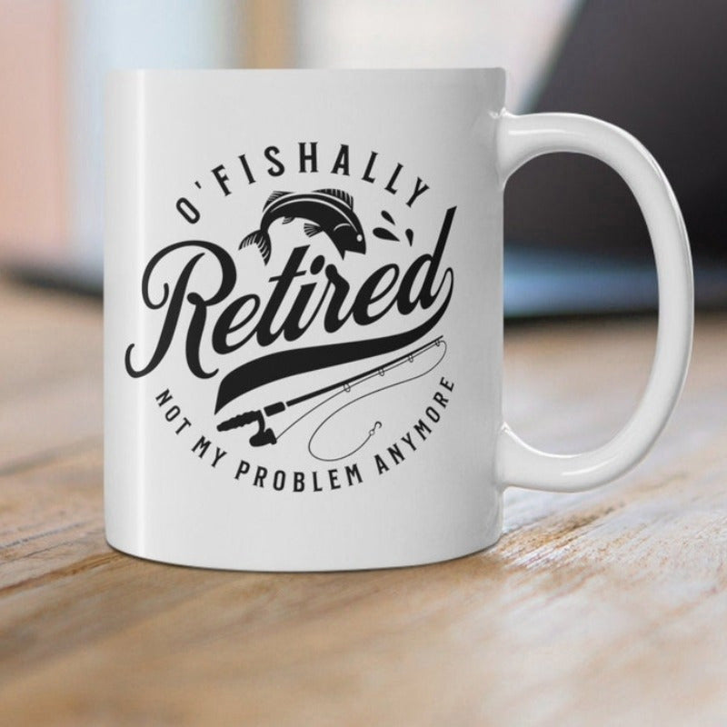 Tailorly White Ceramic 11 oz Mug - O Fishally Retired Not My Problem Anymore Majestic Jumping Catch With Hook And Professional Fishing Rod Fish