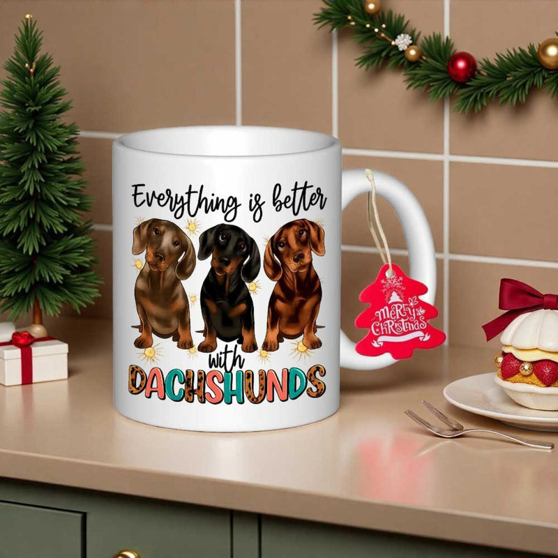 Tailorly White Ceramic 11 oz Mug - Everything Is Better With Dachshunds Three Adorable Brown And Black Dachshund Puppies Sitting On White Surface Dachshund