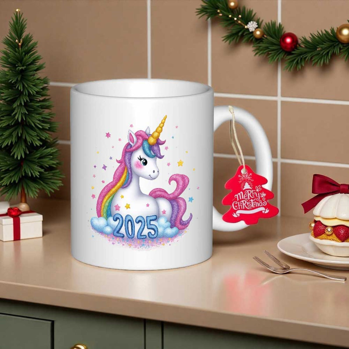 Tailorly White Ceramic 11 oz Mug - Merry Christmas Magical Rainbow Mane Resting On Soft Clouds With Sparkling Stars Unicorn