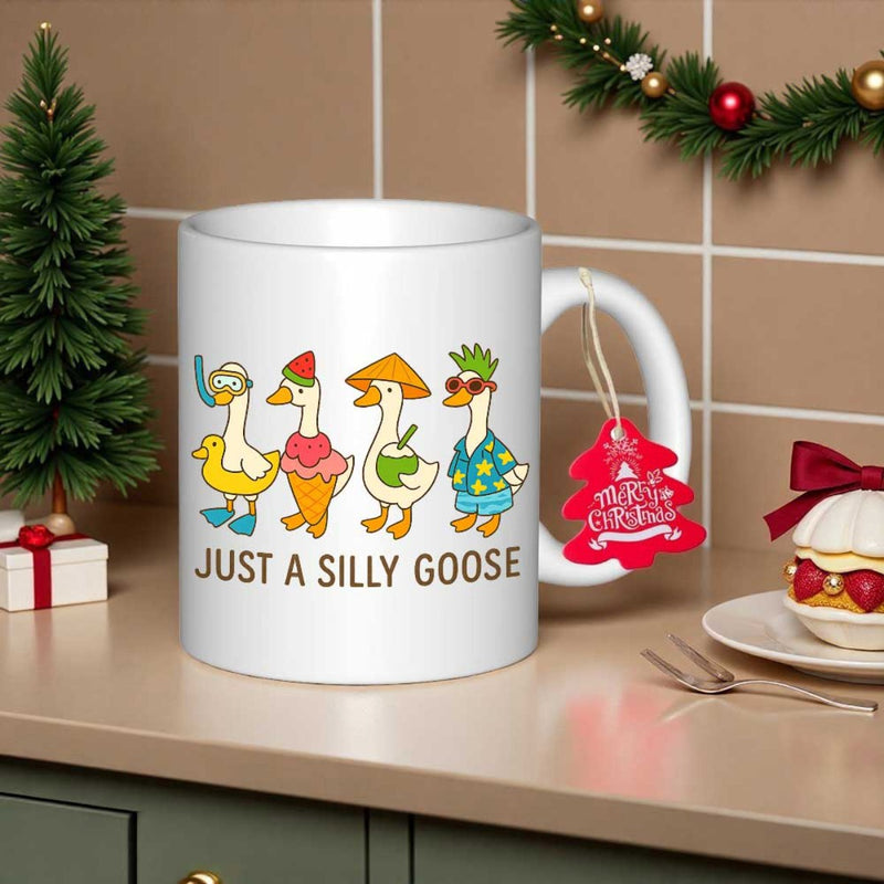 Tailorly White Ceramic 11 oz Mug - Just A Silly Goose Four Whimsical Cartoon Geese Wearing Colorful Summer Outfits And Festive Beach Accessories Goose